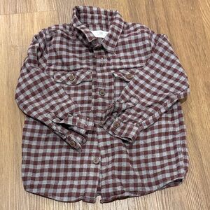 Zara Boys' Burgundy and Gray Plaid Button-Down Shirt
